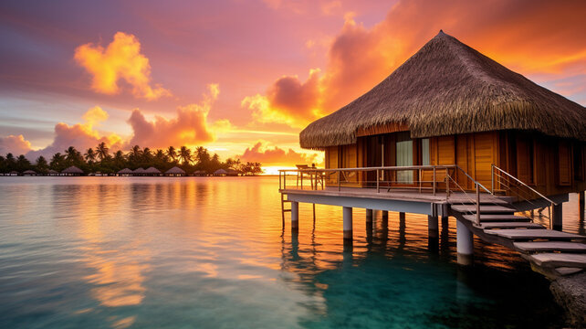 A luxury overwater bungalow in Bora Bora during a sunset