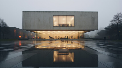 A minimalist concrete art museum in Berlin on a rain collage