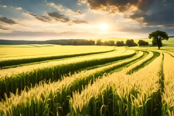 Fotobehang Picture a mesmerizing landscape—a field stretching as far as the eye can see, covered in lush, green wheat ears dancing beneath the flawless sunlight. © Muhammad