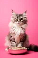 Fluffy Cat with Bowl of Food on Pink Background