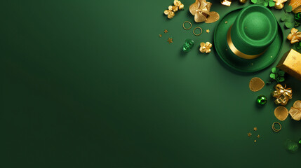 Celebrate Saint Patrick's Day with Whimsical Charm: Top View of Leprechaun Hat, Gold Coins, and Clovers on Green Background