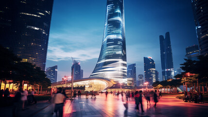 A modern high cylindrical office tower in Shanghai lit up