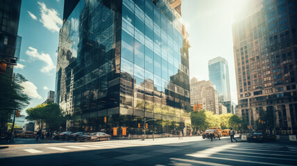 A sleek glass office building in downtown New York commercial - obrazy, fototapety, plakaty