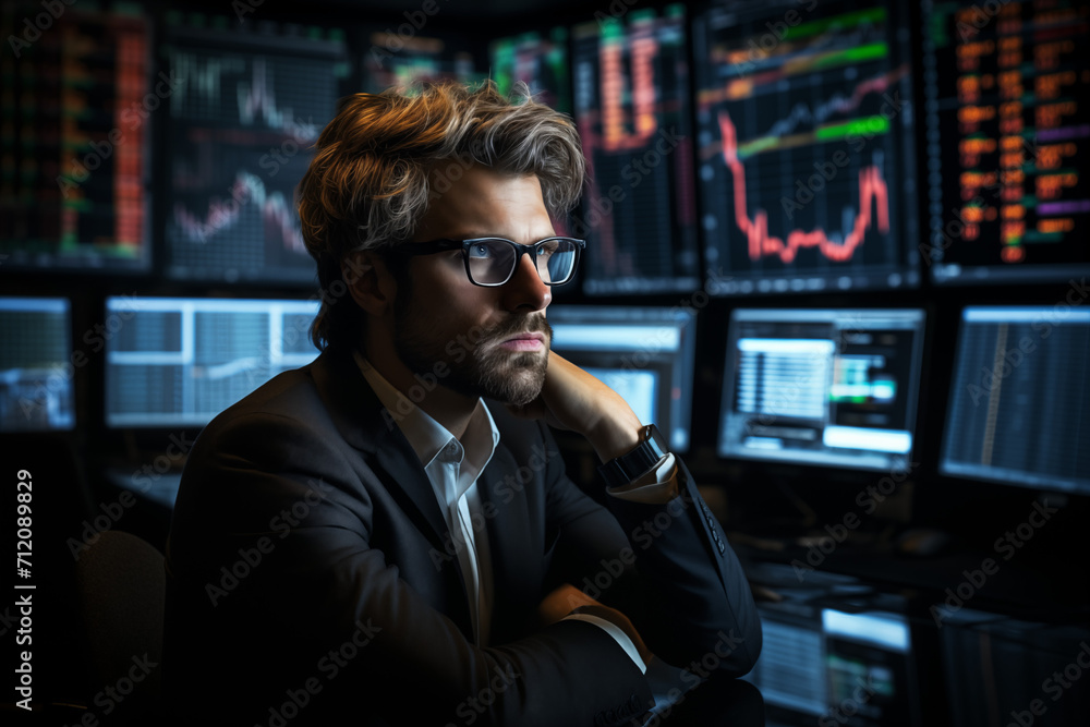 Aufkleber male stock trader with multiple computer screens and charts