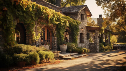 Fototapeta na wymiar A rustic stone winery in Napa Valley during a sunny mindfulness