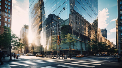 A sleek glass office building in downtown New York corporate - obrazy, fototapety, plakaty