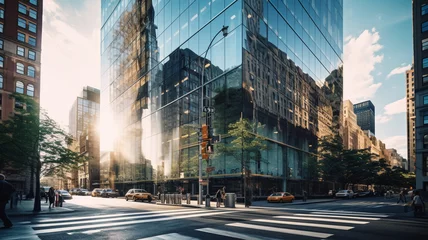 Fotobehang A sleek glass office building in downtown New York corporate © BornHappy