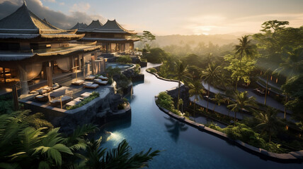 A sprawling luxury spa resort in Bali tranquil relaxation - obrazy, fototapety, plakaty