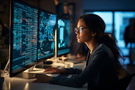 Young Female Web Developer with Multiple Screens