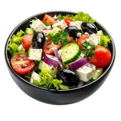 Delicious Greek salad in a black bowl, transparent or isolated on white background