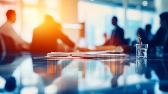 Corporate collaboration: business professionals in a vibrant meeting, blurred office background in blue and orange hues. Abstract business concept