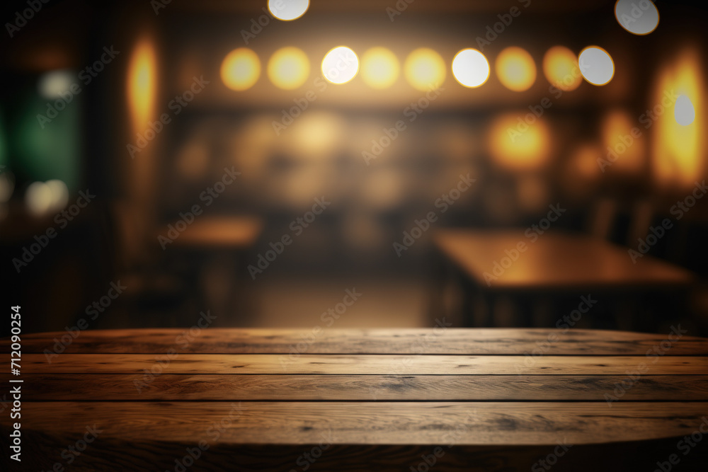 Poster wooden table blurred background of restaurant of cafe with bokeh. flawless generative ai