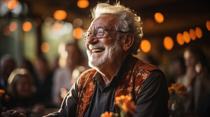 A senior man with white hair and glasses laughed heartily, surrounded by soft focus lights and a festive, joyful atmosphere.