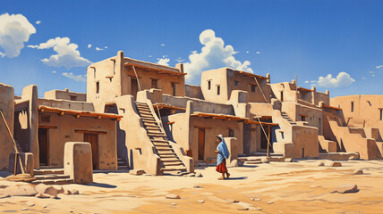 A traditional adobe pueblo in New Mexico under a clear clouds - obrazy, fototapety, plakaty