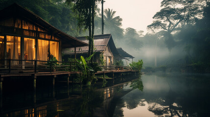 A sustainable wooden ecolodge in the Amazon Rainforest - obrazy, fototapety, plakaty