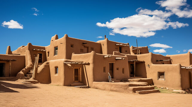 A traditional adobe pueblo in New Mexico under a clear sky