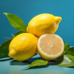 Lemons and lemons on a blue background with green leaves. AI.