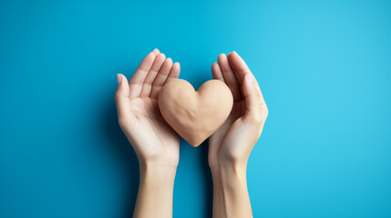 Close-up photo of hands making a heart shape, symbolizing the concept of giving and saving life, isolated on a soothing blue background for emotional connection and support.