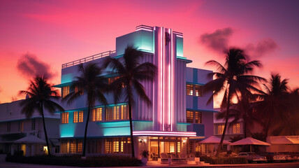 Obraz premium An art deco hotel on Miami Beach with a beautiful sun