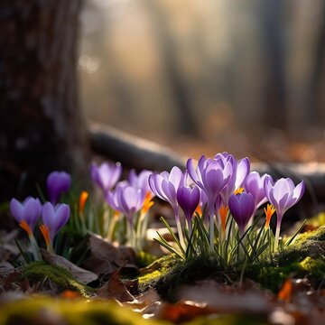 Beautiful crocus flowers in the forest. Early spring. Symbol of peace and joy. AI.