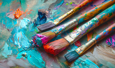Obraz premium artistic brushes for painting lie on a board smeared with paint.