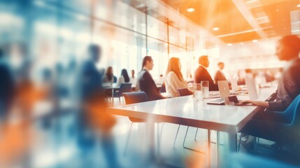 Corporate collaboration: business professionals in a vibrant meeting, blurred office background in blue and orange hues. Abstract business concept
