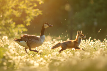 Goose and fox in a flower meadow, bright sunlight