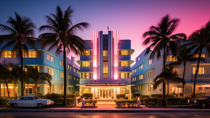 Fototapeta na wymiar Miami Beach Art Deco Hotel This vibrant hotel showcase vacation