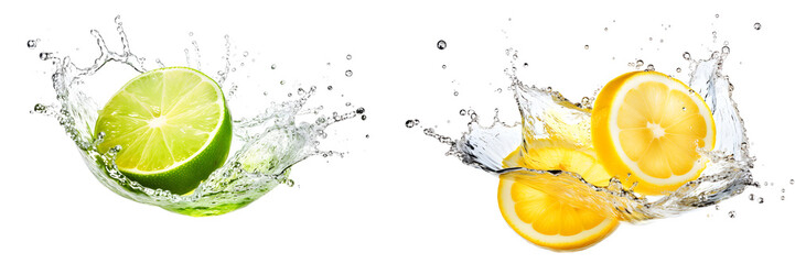 water splash with lemon and lime set isolated on white background