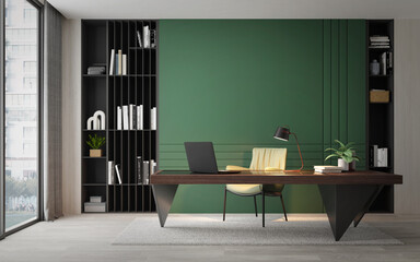 Working room modern style with wooden desk and green wall.3d rendering