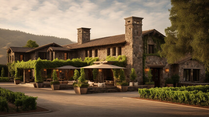 Napa Valley Winery Rustic elegance defines this stone lounge - obrazy, fototapety, plakaty