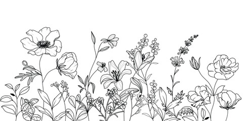 Fototapeta premium minimal line flower and botanical graphic sketch drawing, trendy tiny tattoo design, floral elements vector illustration