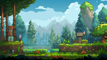 Pixel Quest A side-scrolling adventure game where plants - obrazy, fototapety, plakaty