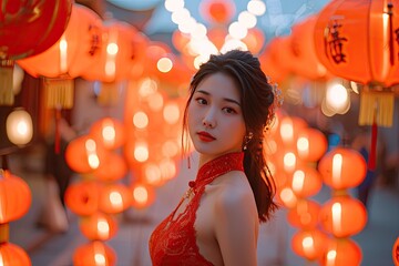 Festive Elegance: Young Woman in Red Dress Amidst Orange Lanterns, Chinese New Year Celebrations, Traditional Festivities, Lunar New Year Glamour
