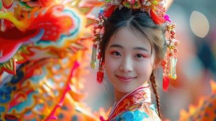 Cultural Extravaganza: Dragon Lion Dance in Chinese New Year Celebration - Year of the Dragon, Lunar New Year, Chinese Young Girl in Red Traditional Costume Holding a Fan in Traditional Asian Style
