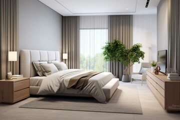 Modern bedroom with comfortable bed, drawers, spacious light room, curtains, plants, window. Generative AI