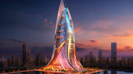 Aeon Spire A towering ultramodern skyscraper with a beautiful sky - obrazy, fototapety, plakaty