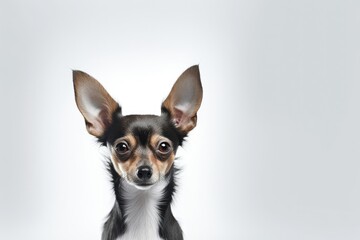 studio portrait of black and brown chihuahua dog looking at the camera isolated in white background
