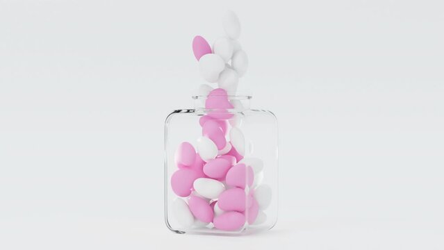Falling soft heart into glass bottle on white background, for valentine day, festival or wedding celebration, 3D rendering.