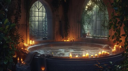 Rustic Retreat: Jacuzzi in Room with Candles and Lights, Cozy Ambiance, Rustic Realism, Relaxation Haven, Warm Glow, Candlelit Serenity
 - obrazy, fototapety, plakaty