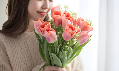 Beautiful Korean woman holding a bouquet of tulips, Generative AI