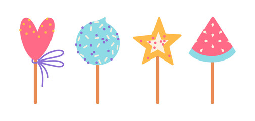 Sweets vector icon set. Cake pops with icing, sprinkles. Sweet lollipops in the shape of heart, star, watermelon slice. Treats on a sticks. Candies for kids, colorful caramel. Flat cartoon clipart.