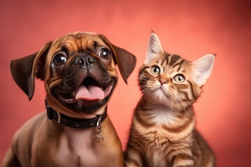 Close up portrait of a funny little dog and a cat looking at the camera on a red background. - Powered by Adobe