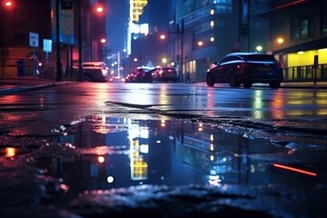 Fototapeta na wymiar Wet City Streets at Night with Traffic