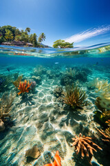 Underwater and surface view over the sea and coral reef with tropical fish. Vibrant underwater and overwater views sea life, beach and sky on a sunny summer day.