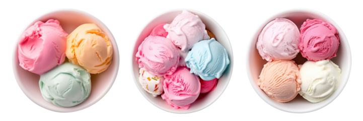 Set of ice cream in a white bowl top view isolated on a transparent background
