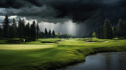 a rain delay on a green gold course on a stormy cloud - obrazy, fototapety, plakaty