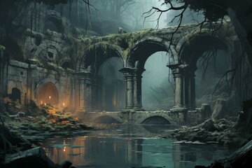 Enigmatic misty ruins, holding ancient secrets and forgotten knowledge - Generative AI