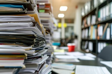 Piles of paperwork and folders in office room. The concept of workaholism, an emergency at work
