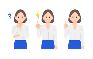 Obraz premium 疑問･ひらめく･グッドのポーズをするビジネスパーソン女性のセット【人物ベクターイラスト素材】